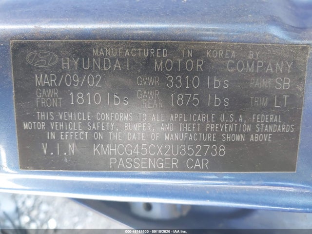 46168500 :رقم المزاد ، KMHCG45CX2U352738 vin ، 2002 Hyundai Accent Gl مزاد بيع