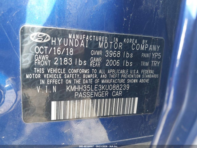 2019 Hyundai Elantra Gt მანქანა იყიდება აუქციონზე, vin: KMHH35LE3KU088239, აუქციონის ნომერი: 46168507