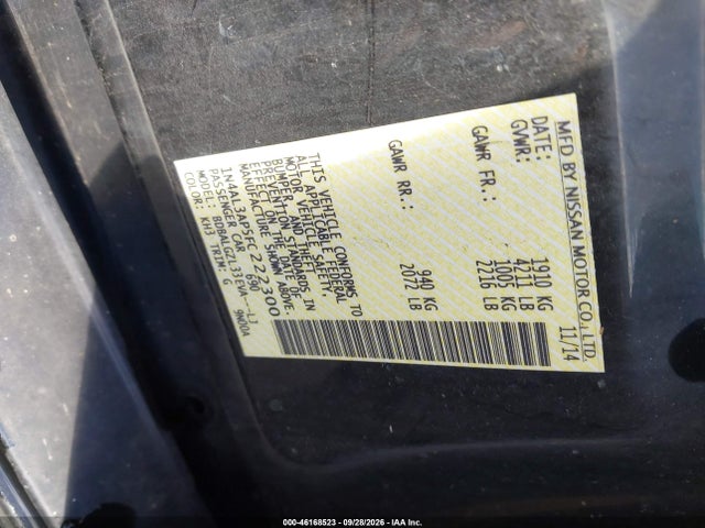 Продаж на аукціоні авто 2015 Nissan Altima 2.5 S, vin: 1N4AL3AP5FC222300, номер лоту: 46168523