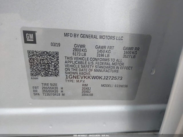 Продажа на аукционе авто 2019 Chevrolet Traverse Premier, vin: 1GNEVKKW0KJ272573, номер лота: 46168527