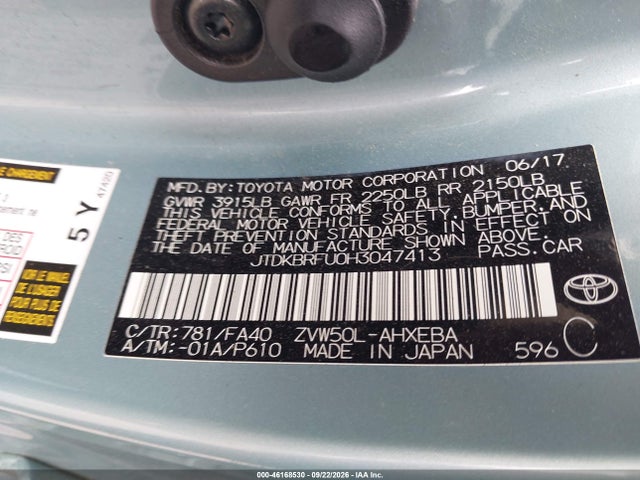 Auction sale of the 2017 Toyota Prius Two, vin: JTDKBRFU0H3047413, lot number: 46168530