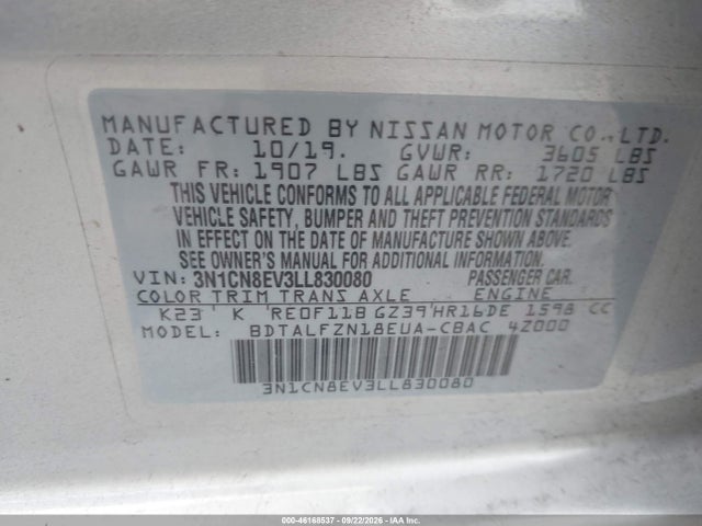 46168537 :رقم المزاد ، 3N1CN8EV3LL830080 vin ، 2020 Nissan Versa Sv Xtronic Cvt مزاد بيع