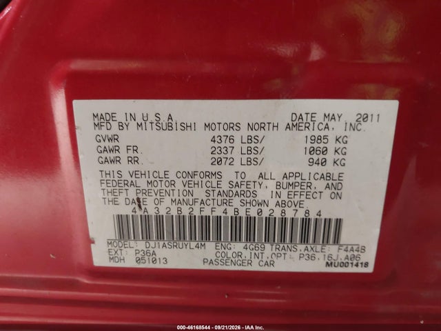 46168544 :رقم المزاد ، 4A32B2FF4BE028784 vin ، 2011 Mitsubishi Galant Fe مزاد بيع