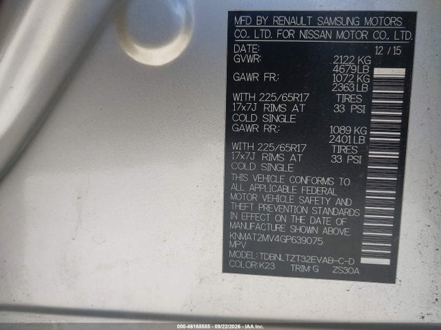 Nissan ROGUE SV 2016 KNMAT2MV4GP639075 Image 9