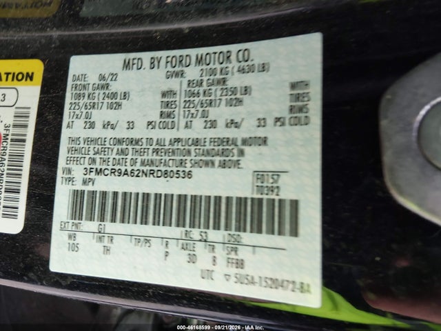 Aukcja sprzedaży 2022 Ford Bronco Sport, vin: 3FMCR9A62NRD80536, numer aukcji: 46168599