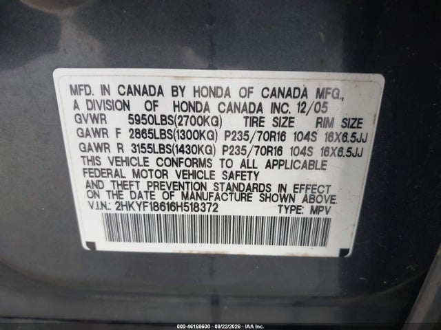 46168600 :رقم المزاد ، 2HKYF18616H518372 vin ، 2006 Honda Pilot Ex-l مزاد بيع