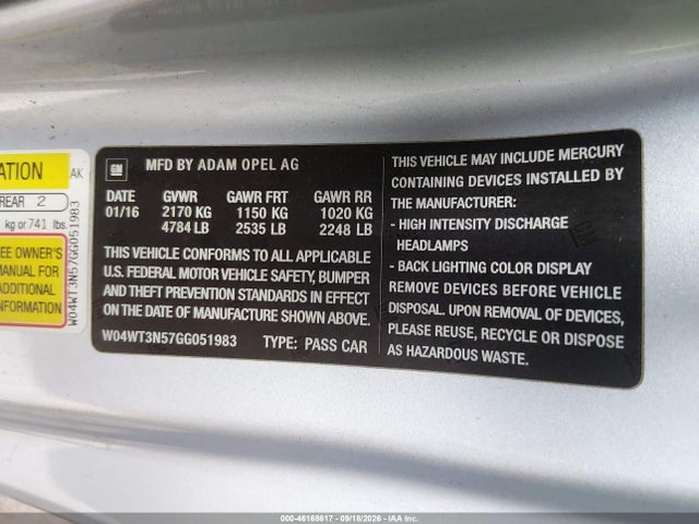 46168617 :رقم المزاد ، W04WT3N57GG051983 vin ، 2016 Buick Cascada Premium مزاد بيع