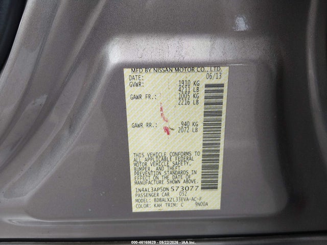 2013 Nissan Altima 2.5 Sl მანქანა იყიდება აუქციონზე, vin: 1N4AL3AP5DN573077, აუქციონის ნომერი: 46168629