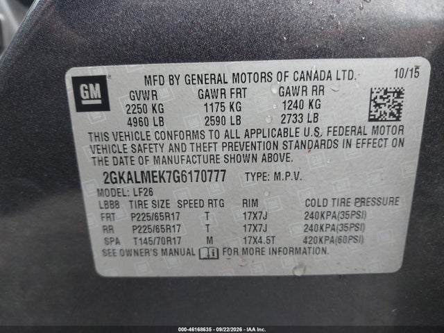 GMC Terrain Sle-1 2016 2GKALMEK7G6170777 Image 9
