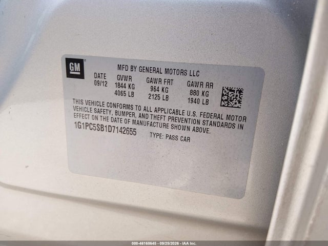 2013 Chevrolet Cruze 1lt Auto მანქანა იყიდება აუქციონზე, vin: 1G1PC5SB1D7142655, აუქციონის ნომერი: 46168645
