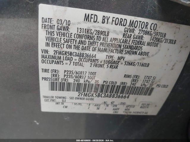 Aukcja sprzedaży 2010 Ford Flex Se, vin: 2FMGK5BC3ABB36664, numer aukcji: 46168650