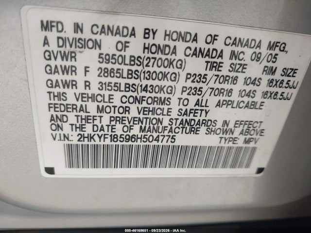 2006 Honda Pilot Ex-l მანქანა იყიდება აუქციონზე, vin: 2HKYF18596H504775, აუქციონის ნომერი: 46168651