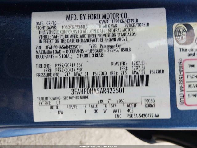 Продажа на аукционе авто 2010 Ford Fusion Se, vin: 3FAHP0HA5AR423501, номер лота: 46168662
