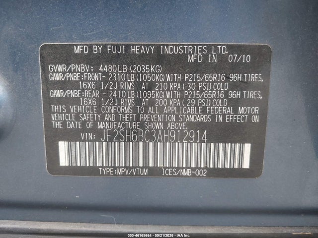 Auction sale of the 2010 Subaru Forester 2.5x, vin: JF2SH6BC3AH912914, lot number: 46168664
