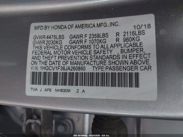 Aukcja sprzedaży 2018 Honda Accord Sport, vin: 1HGCV1F36JA260860, numer aukcji: 46168668