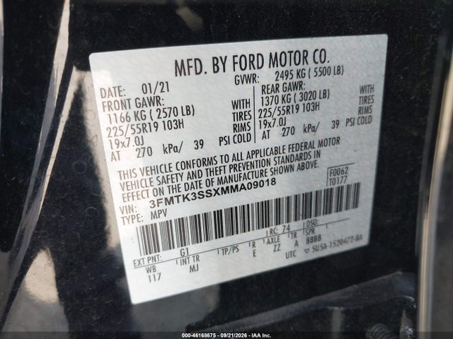 2021 Ford Mustang Mach-e Premium მანქანა იყიდება აუქციონზე, vin: 3FMTK3SSXMMA09018, აუქციონის ნომერი: 46168675