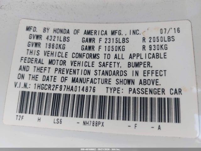 Honda Accord Ex-l 2017 1HGCR2F97HA014876 Image 9
