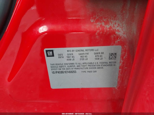 46168689 :رقم المزاد ، 1G1PA5SG1E7458253 vin ، 2014 Chevrolet Cruze Ls Auto مزاد بيع