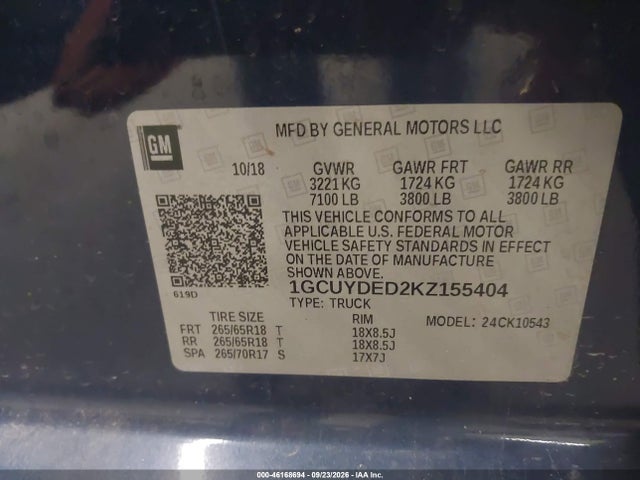2019 Chevrolet Silverado K1500 Lt მანქანა იყიდება აუქციონზე, vin: 1GCUYDED2KZ155404, აუქციონის ნომერი: 46168694