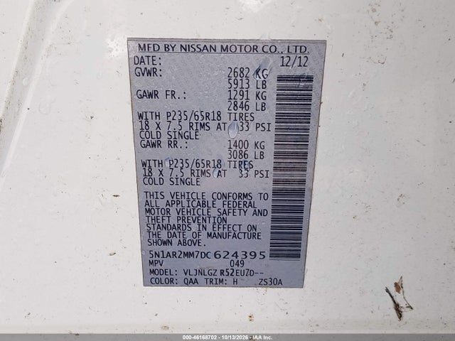46168702 :رقم المزاد ، 5N1AR2MM7DC624395 vin ، 2013 Nissan Pathfinder Sl مزاد بيع