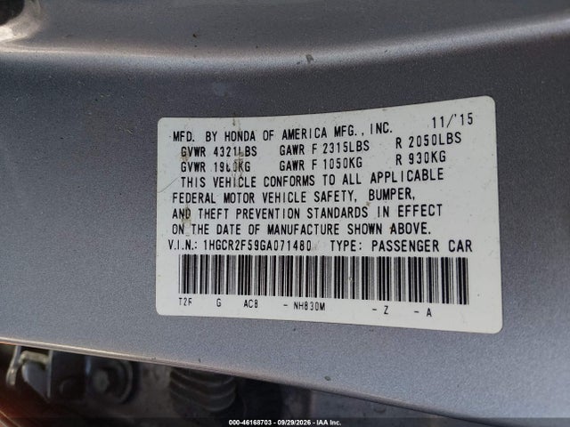 1HGCR2F59GA071480 Honda Accord Sport