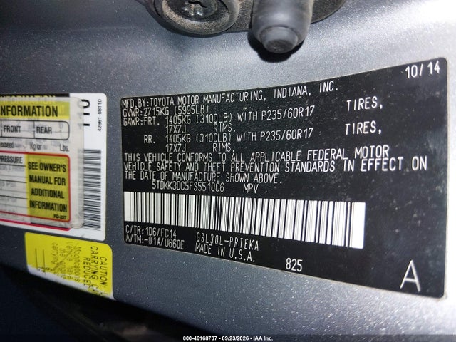 46168707 :رقم المزاد ، 5TDKK3DC5FS551006 vin ، 2015 Toyota Sienna Le 8 Passenger مزاد بيع