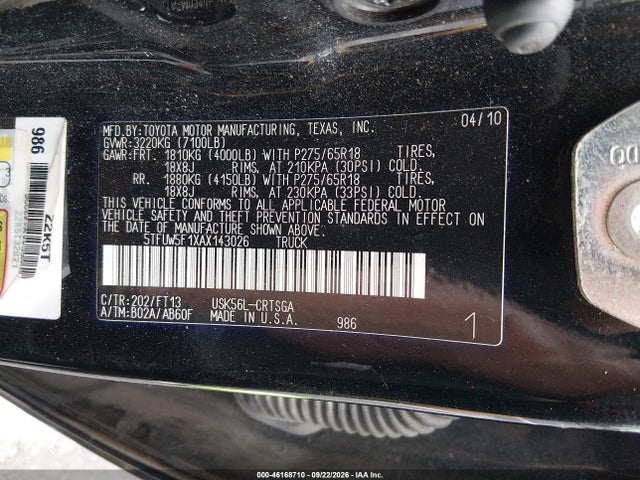46168710 :رقم المزاد ، 5TFUW5F1XAX143026 vin ، 2010 Toyota Tundra Grade 5.7l V8 مزاد بيع