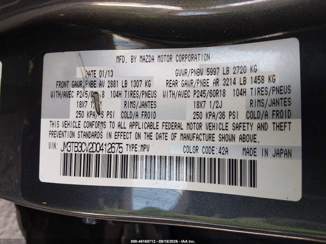 2013 Mazda Cx-9 Touring მანქანა იყიდება აუქციონზე, vin: JM3TB3CV2D0412675, აუქციონის ნომერი: 46168712