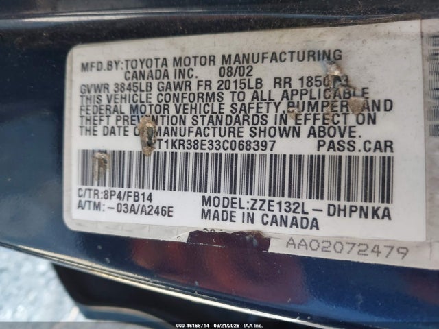 2003 Toyota Matrix Xr მანქანა იყიდება აუქციონზე, vin: 2T1KR38E33C068397, აუქციონის ნომერი: 46168714