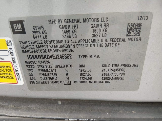 46168718 :رقم المزاد ، 1GKKRSKD4EJ245352 vin ، 2014 Gmc Acadia Slt مزاد بيع