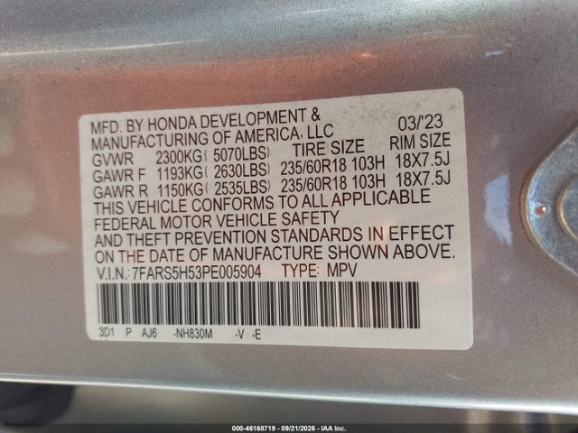 2023 Honda Cr-v Hybrid Sport მანქანა იყიდება აუქციონზე, vin: 7FARS5H53PE005904, აუქციონის ნომერი: 46168719