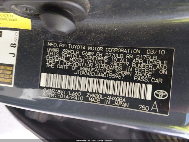46168721 :رقم المزاد ، JTDKN3DU4A0155967 vin ، 2010 Toyota Prius Iv مزاد بيع
