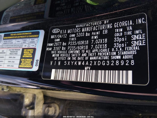 46168722 :رقم المزاد ، 5XYKW4A2XDG328928 vin ، 2013 Kia Sorento Sx مزاد بيع