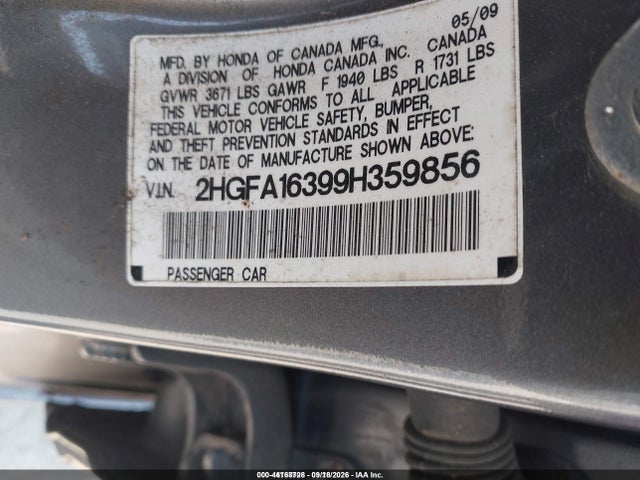 2009 Honda Civic Vp მანქანა იყიდება აუქციონზე, vin: 2HGFA16399H359856, აუქციონის ნომერი: 46168728