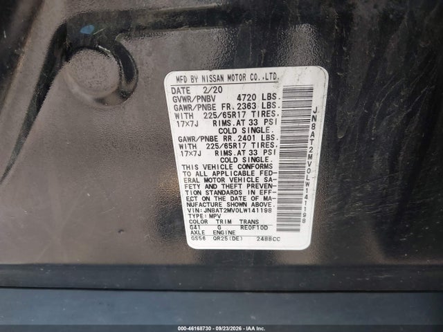 2020 Nissan Rogue Sv Intelligent Awd მანქანა იყიდება აუქციონზე, vin: JN8AT2MV0LW141198, აუქციონის ნომერი: 46168730