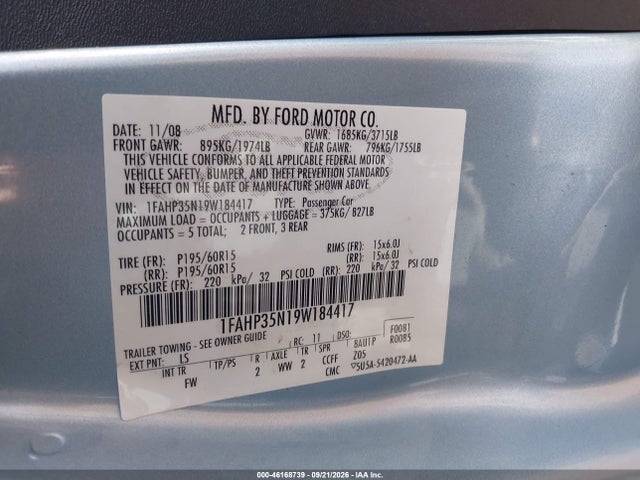 2009 Ford Focus Se მანქანა იყიდება აუქციონზე, vin: 1FAHP35N19W184417, აუქციონის ნომერი: 46168739