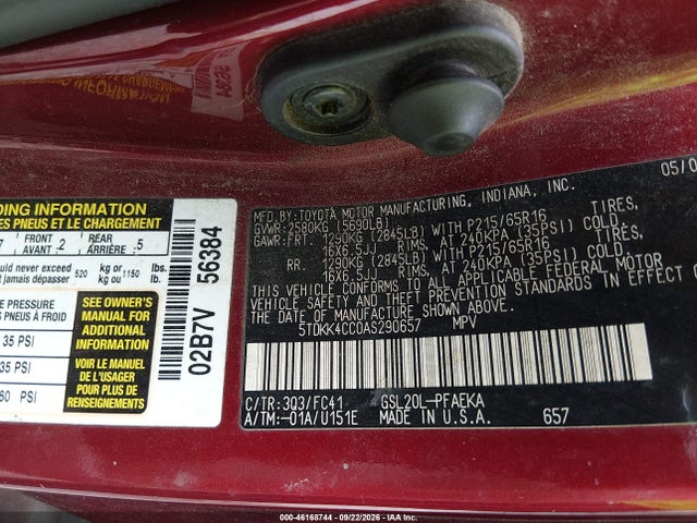 Продажа на аукционе авто 2010 Toyota Sienna Le, vin: 5TDKK4CC0AS290657, номер лота: 46168744