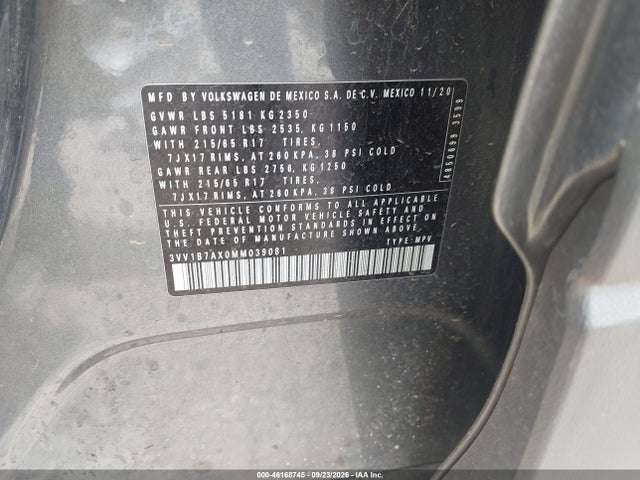 2021 Volkswagen Tiguan S მანქანა იყიდება აუქციონზე, vin: 3VV1B7AX0MM039081, აუქციონის ნომერი: 46168745