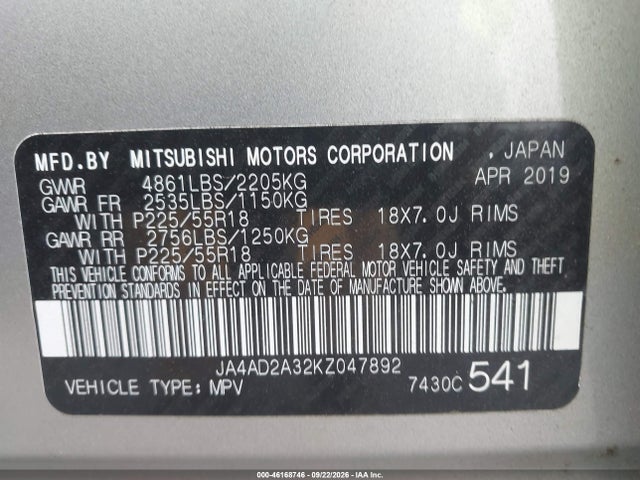 Aukcja sprzedaży 2019 Mitsubishi Outlander Es, vin: JA4AD2A32KZ047892, numer aukcji: 46168746