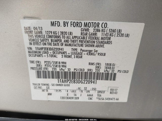 Продажа на аукционе авто 2013 Ford Taurus Sel, vin: 1FAHP2E83DG220941, номер лота: 46168750