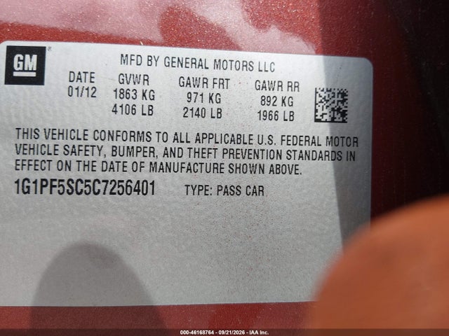 2012 Chevrolet Cruze 1lt მანქანა იყიდება აუქციონზე, vin: 1G1PF5SC5C7256401, აუქციონის ნომერი: 46168764