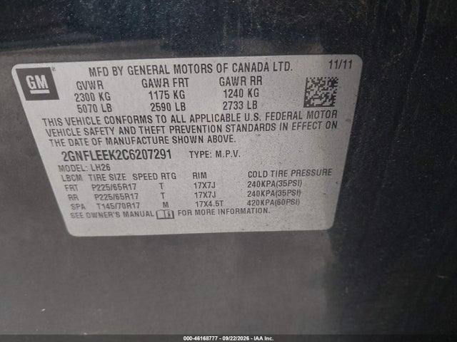 2012 Chevrolet Equinox 1lt მანქანა იყიდება აუქციონზე, vin: 2GNFLEEK2C6207291, აუქციონის ნომერი: 46168777