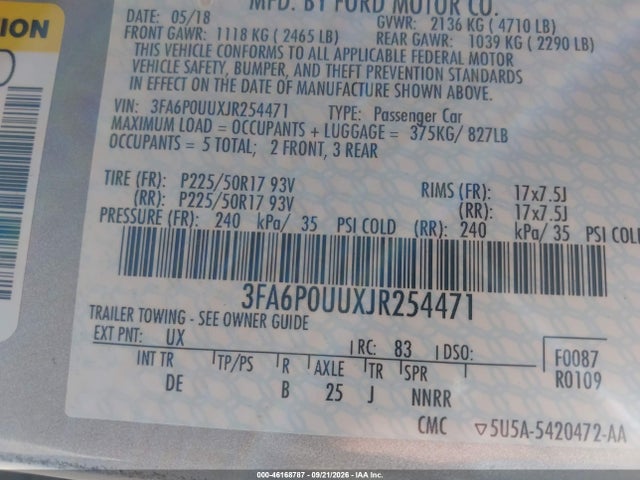 2018 Ford Fusion Hybrid S მანქანა იყიდება აუქციონზე, vin: 3FA6P0UUXJR254471, აუქციონის ნომერი: 46168787