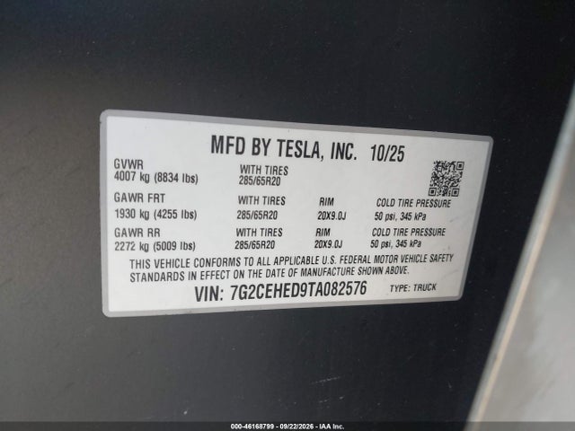 Aukcja sprzedaży 2026 Tesla Cybertruck Dual Motor All-wheel Drive/premium All-wheel Drive, vin: 7G2CEHED9TA082576, numer aukcji: 46168799