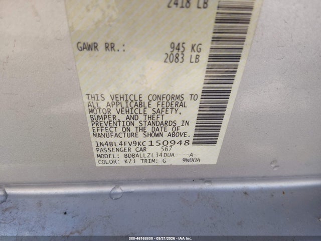 Aukcja sprzedaży 2019 Nissan Altima 2.5 Platinum, vin: 1N4BL4FV9KC150948, numer aukcji: 46168800