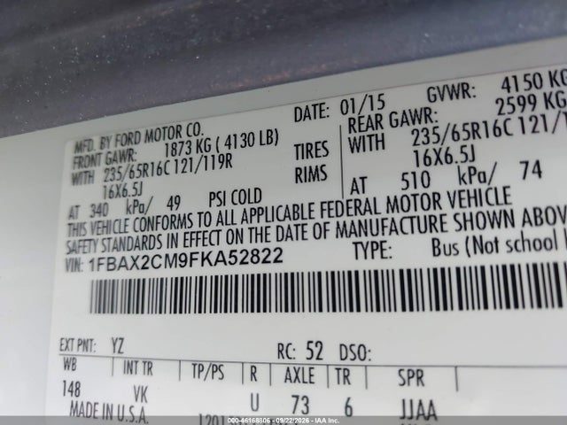 46168806 :رقم المزاد ، 1FBAX2CM9FKA52822 vin ، 2015 Ford Transit-350 Xl مزاد بيع