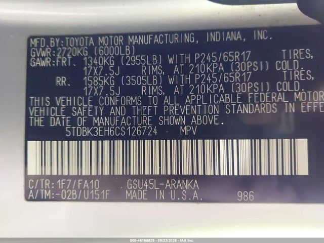 Продажа на аукционе авто 2012 Toyota Highlander Base V6, vin: 5TDBK3EH6CS126724, номер лота: 46168825