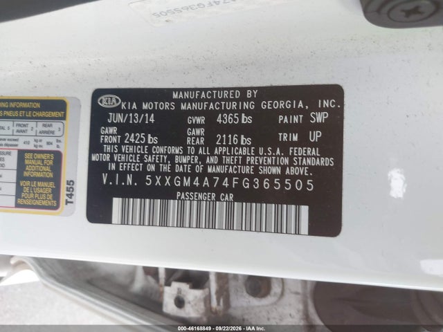 46168849 :رقم المزاد ، 5XXGM4A74FG365505 vin ، 2015 Kia Optima Lx مزاد بيع