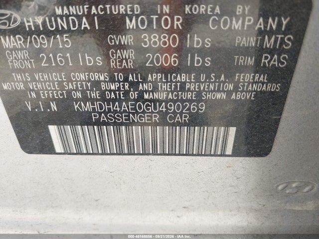 2016 Hyundai Elantra Se მანქანა იყიდება აუქციონზე, vin: KMHDH4AE0GU490269, აუქციონის ნომერი: 46168856