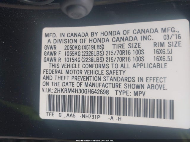 Продажа на аукционе авто 2016 Honda Cr-v Lx, vin: 2HKRM4H30GH642698, номер лота: 46168858